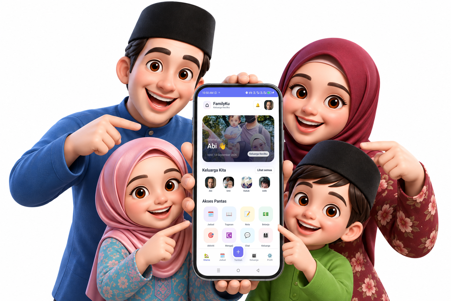 Sebuah keluarga bersama paparan aplikasi FamilyKu pada telefon